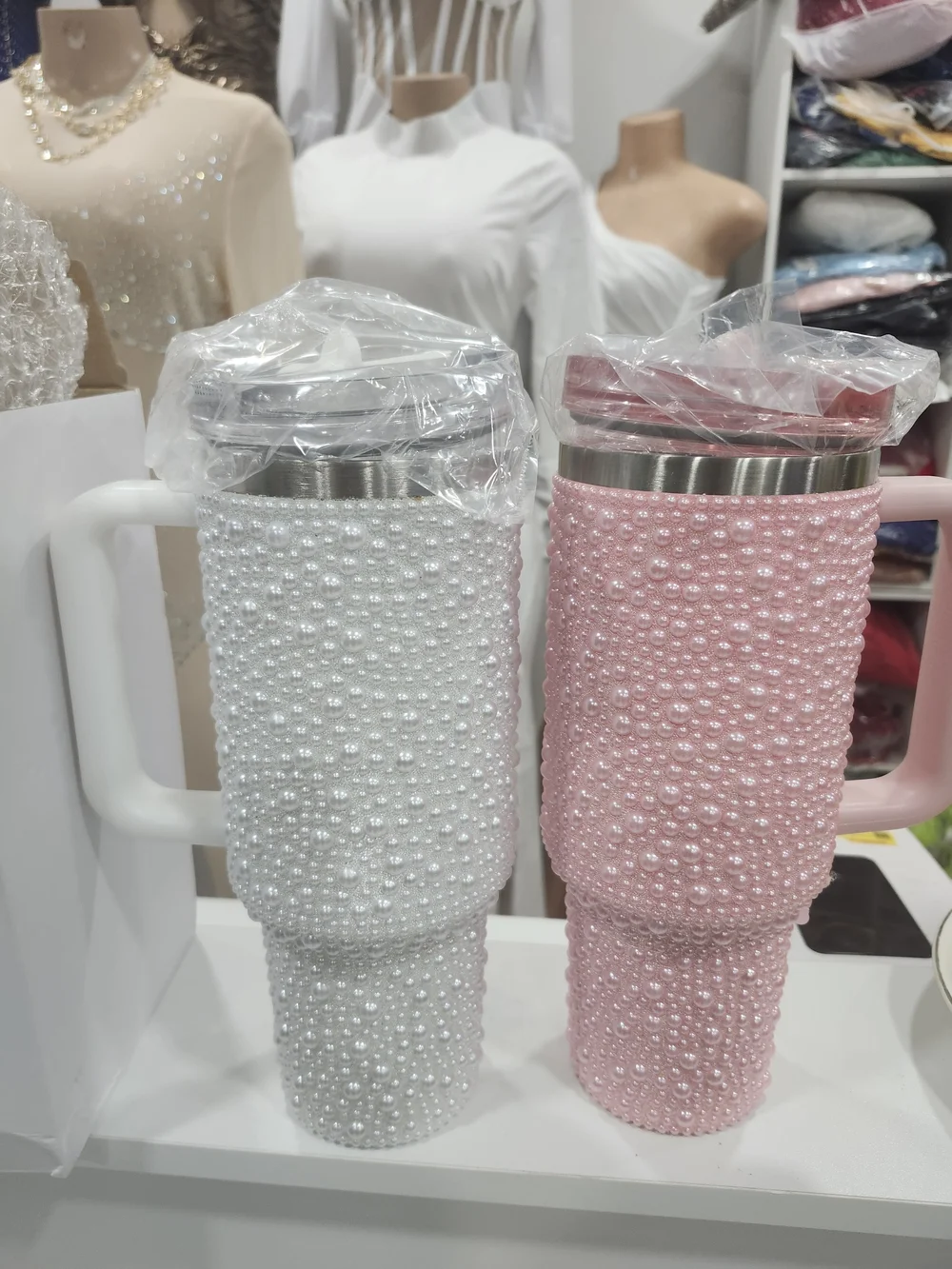 Pearl Rhinestone 40oz Tumbler with Handle - Pink and White